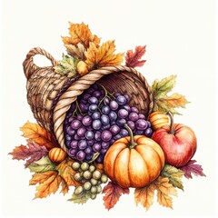 Woven Cornucopia Filled with Abundant Harvest Fruits on a Clean White Background