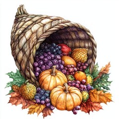 Woven Horn Of Plenty Overflowing With Fall Harvest On White Background