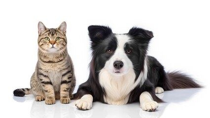 Playful interaction between a cat and dog in a studio setting pets photography bright and clean environment