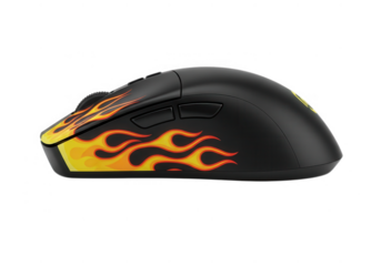 A black wireless gaming mouse with flame design isolated on transparent background