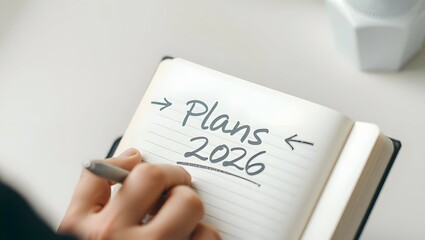 Close-up of hand writing "Plans 2026" in a diary