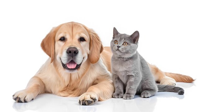 Playful golden retriever and adorable gray cat studio setting animal portrait bright environment close-up companionship