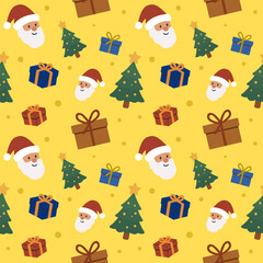 Christmas Seamless Pattern: Cute Santa, Colorful Gifts, and Tree. Yellow Flat Vector Design for Wrapping Paper, Fabric, and Backgrounds.