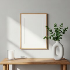 Empty picture frame mockup with eucalyptus in modern vase on wooden table