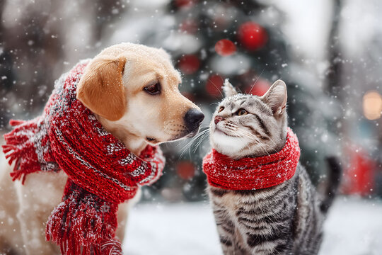 A dog and a cat playing together in the snow, Christmas tree in the background, snowfall, winter daylight, festive red scarves