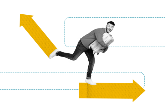 3D collage trend artwork composite sketch poster of young guy walk step hand hold baggage travel moving huge arrow route way direction