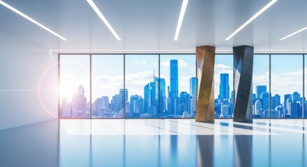 Modern empty office space with large windows overlooking a city skyline during the day, showcasing a bright and spacious interior with architectural columns and natural light