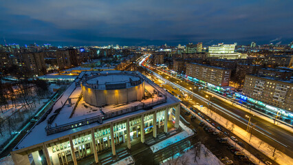 Fototapeta premium Moscow city Russia skyline aerial panoramic top view day to night timelapse urban winter snow scenery architecture background