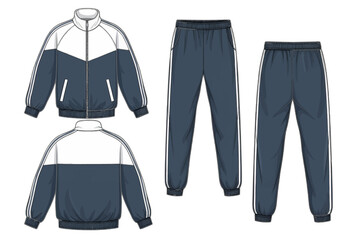 A digital illustration of a blue and white tracksuit displayed from multiple angles on a white background