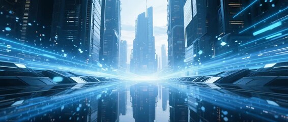 Digital blue abstract background with futuristic binary code over a blurred night cityscape of urban traffic on a highway - Powered by Adobe