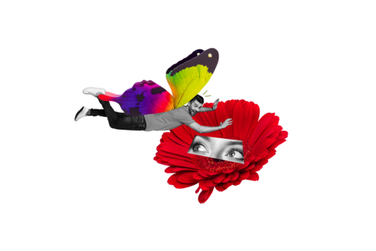 Composite photo collage of happy fairy man fly butterfly wings gerbera flower spring woman eyes bloom isolated on painted background