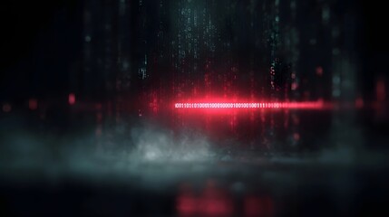 A red beam of binary code cuts through a dark foggy digital landscape suggesting a cyber threat