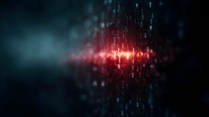 Abstract digital stream of glowing red binary code flows through a dark futuristic network representing data and technology