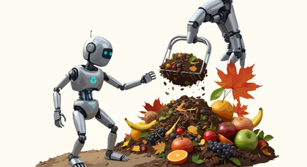 Robot composting pile with leaves and fruit as sustainable organic waste, robot composting food, banana peels, and autumn leaves. Robot composting setup with oranges, apples,