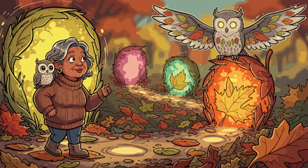 Woman with owl companion in magical autumn forest, illuminated by glowing leaves, creating whimsical scene. Autumn forest showcases magical realism, with glowing flora,