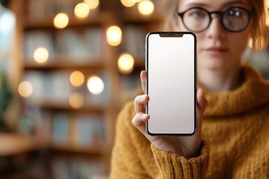 Woman with Glasses Holding Smartphone with Blank Screen Mockup