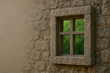 A stone window in the stone wall of an old building overlooking the greenery. Space for text.
