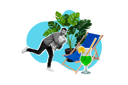 Collage young happy man vacation resort mojito cocktail drink joyful weekend relaxation carry luggage houseplant drawing background