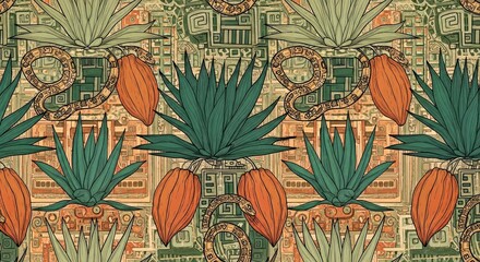 Seamless pattern of flowing botanical line art featuring cacao and agave plants with hidden serpent motifs