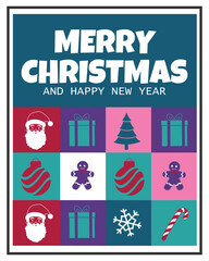 A vibrant, block-colored poster with Merry Christmas And Happy New Year text, featuring a 4x3 grid of flat, contrasting holiday icons like Santa, gifts, baubles, and gingerbread men.