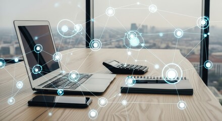 Modern office desk with laptop, smartphone, calculator, and notebook, overlaid with a digital network graphic, symbolizing connectivity and technology in business