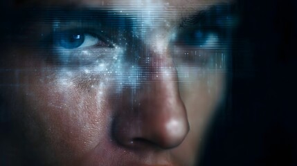 Close up of a human eye with blue holographic digital grid overlay suggesting futuristic technology and data scanning