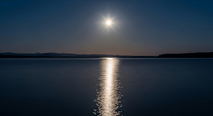 A serene and tranquil scene of the moon reflecting its radiant light on the calm surface of a lake, creating a mesmerizing and ethereal atmosphere at night