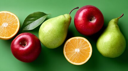 Bunch of fruit including apples, oranges, and pears are displayed on a green background. The apples are red and green, while the oranges are orange