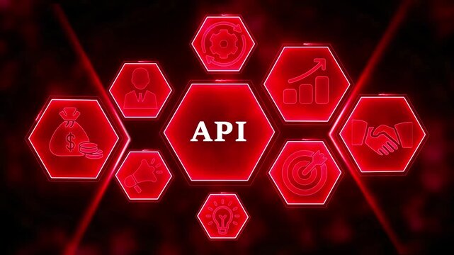 API concept with interconnected hexagonal icons and glowing red neon lights on dark background Keywords: API, application programming interface, technology, business