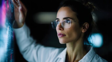 A focused female scientist wearing glasses examines complex data on a glowing futuristic digital screen in a dark laboratory setting