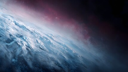 Fototapeta premium View from space looking at Earth s atmosphere with swirling pink nebula above evoking scientific observation and climate awareness