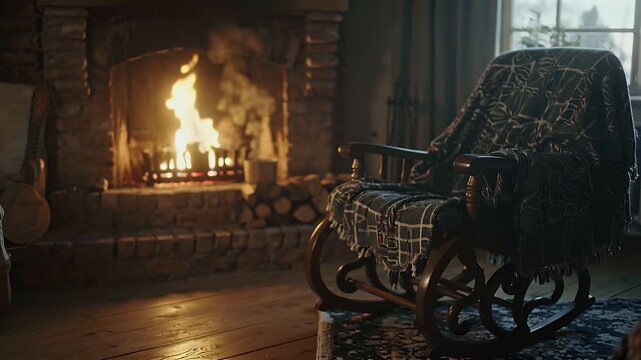 Cozy rocking chair dd with a patterned blanket sits by a warm, crackling fireplace in a rustic, dimly lit room
