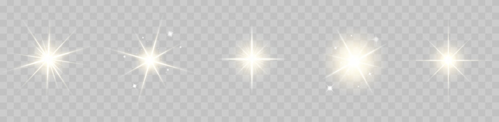Magic glowing starburst with bright light rays and sparkling flare. Abstract vector explosion design featuring solar radiance, gold shine, and transparent glow © Mirinda