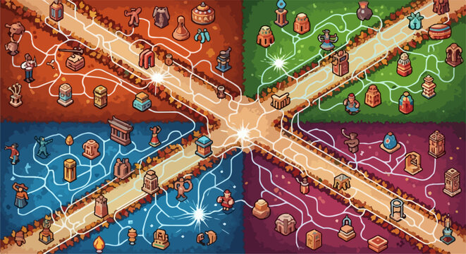 Intricate board game illustration showcasing strategic gameplay and complex pathways. This board game illustration represents a strategy game with multiple paths and objectives,