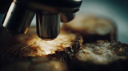 Microscope objective examining detailed texture of tree ring wood samples