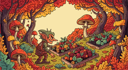 Cartoon goblin amidst autumnal woodland scenes filled with vibrant mushrooms and rich fall foliage. Autumnal woodland scene reveals goblin tending gardens with colorful vegetation and quirky trees.