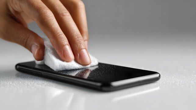 A hand meticulously cleans a smartphone screen with a white wipe ensuring hygiene and a clear display