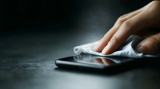 A hand sanitizes a smartphone screen with a wipe and mist in a dark abstract environment