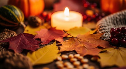 Cozy autumn scene with candles, leaves, and harvest decorations for seasonal ambiance
