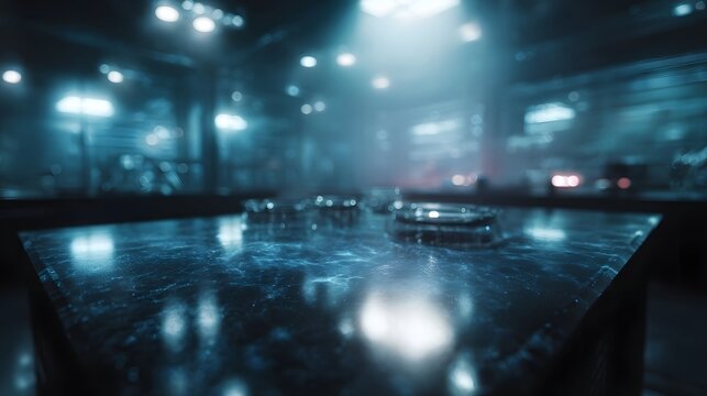 Futuristic laboratory control table with glowing holographic interface elements in a dimly lit room - Powered by Adobe