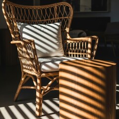 Sunlit wicker chair with striped shadows relaxing outdoor seating oasis serenity