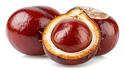 Close-up of three horse chestnuts, one halved, against white background