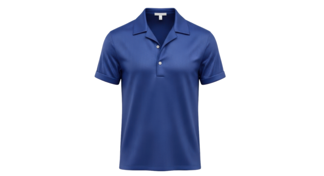 Isolated blue polo shirt with textured fabric, casual collar for a smart dressed-up appearance
