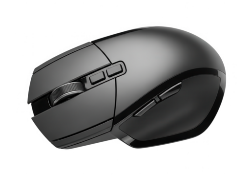 A sleek black wireless computer mouse with ergonomic design is isolated on transparent background