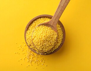 Small, golden millet seeds in a wooden bowl, with a wooden spoon, atop a vibrant yellow background