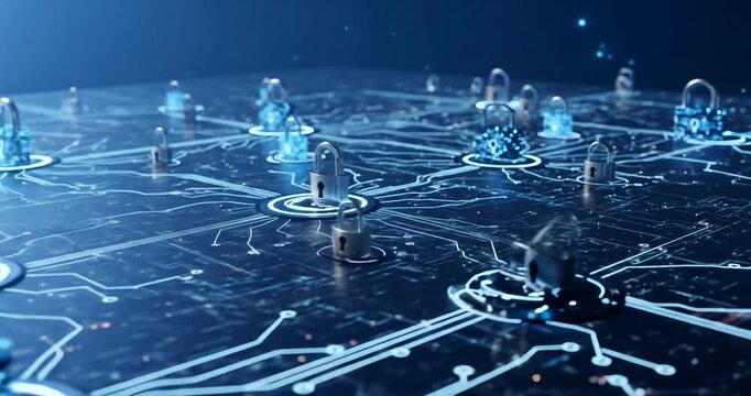 Digital security network with locks and connections in a futuristic setting