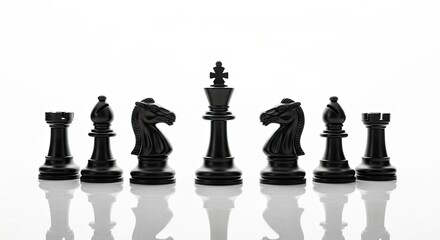 Fototapeta premium Black Chess Pieces Lined Up on White Background Reflection