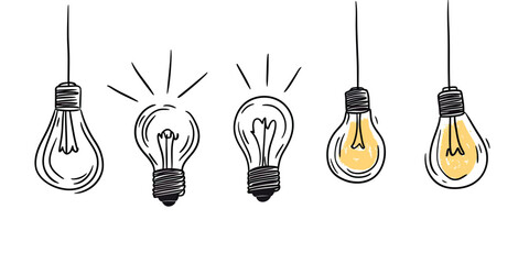 Set of hand drawn light bulbs with glowing filament isolated on white background sketch style electric lamp concept idea energy creativity innovation symbol illustration vector