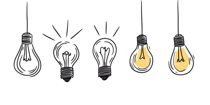 Set of hand drawn light bulbs with glowing filament isolated on white background sketch style electric lamp concept idea energy creativity innovation symbol illustration vector