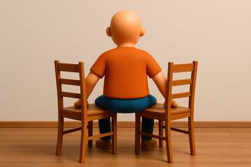 The 3D character sits on two chairs at the same time.